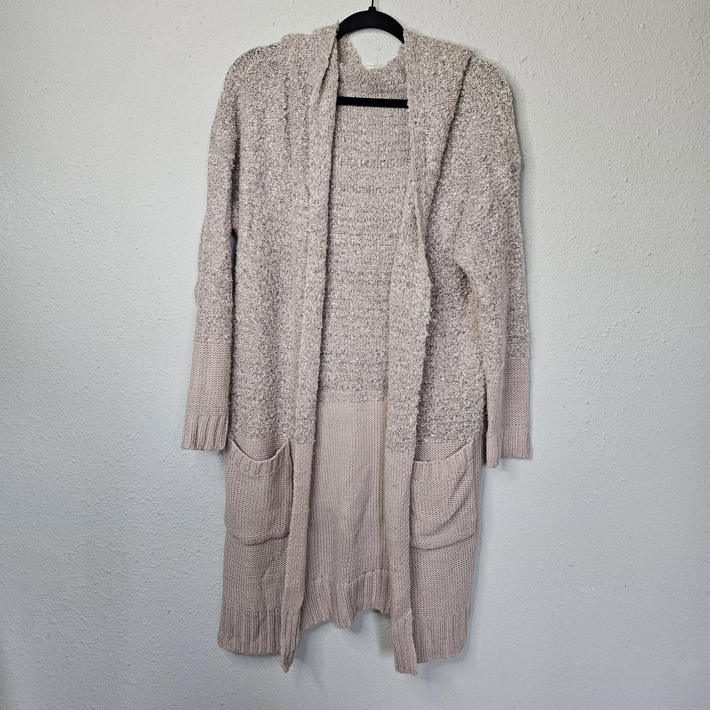 Umgee Womens Hooded Open Front Cardigan Mauve Pink Mixed Knit Sweater Large